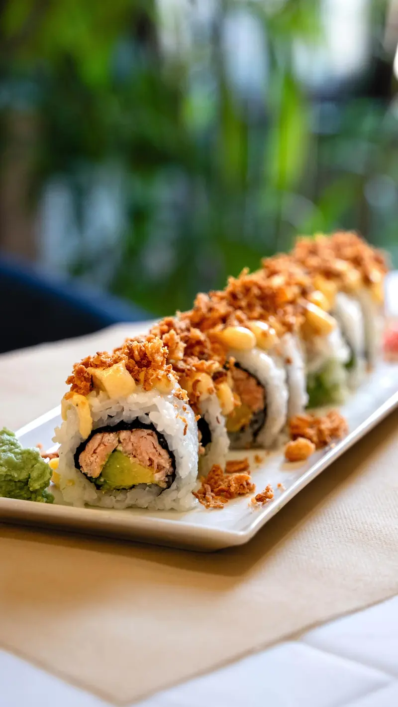 Pasión maki con cebolla crujiente sobre plato blanco